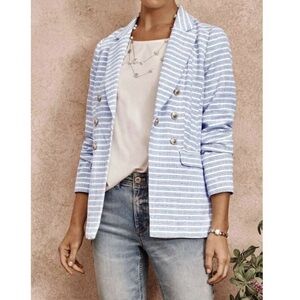 NWT J. Jill Modern Spectator Blazer Jacket Tweed Blue White Stripe Medium Petite
